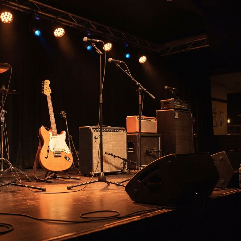 Empty pub stage with guitar and warm lighting ready for live music